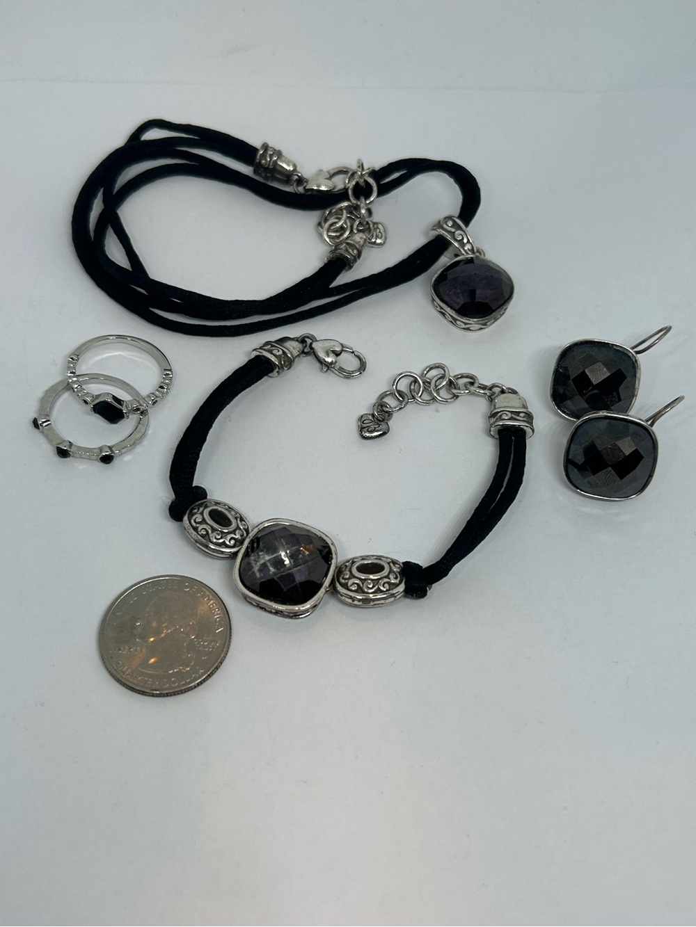 Brighton Women's Silver & Black Stone Necklace Bracelet Earrings & Rings Set